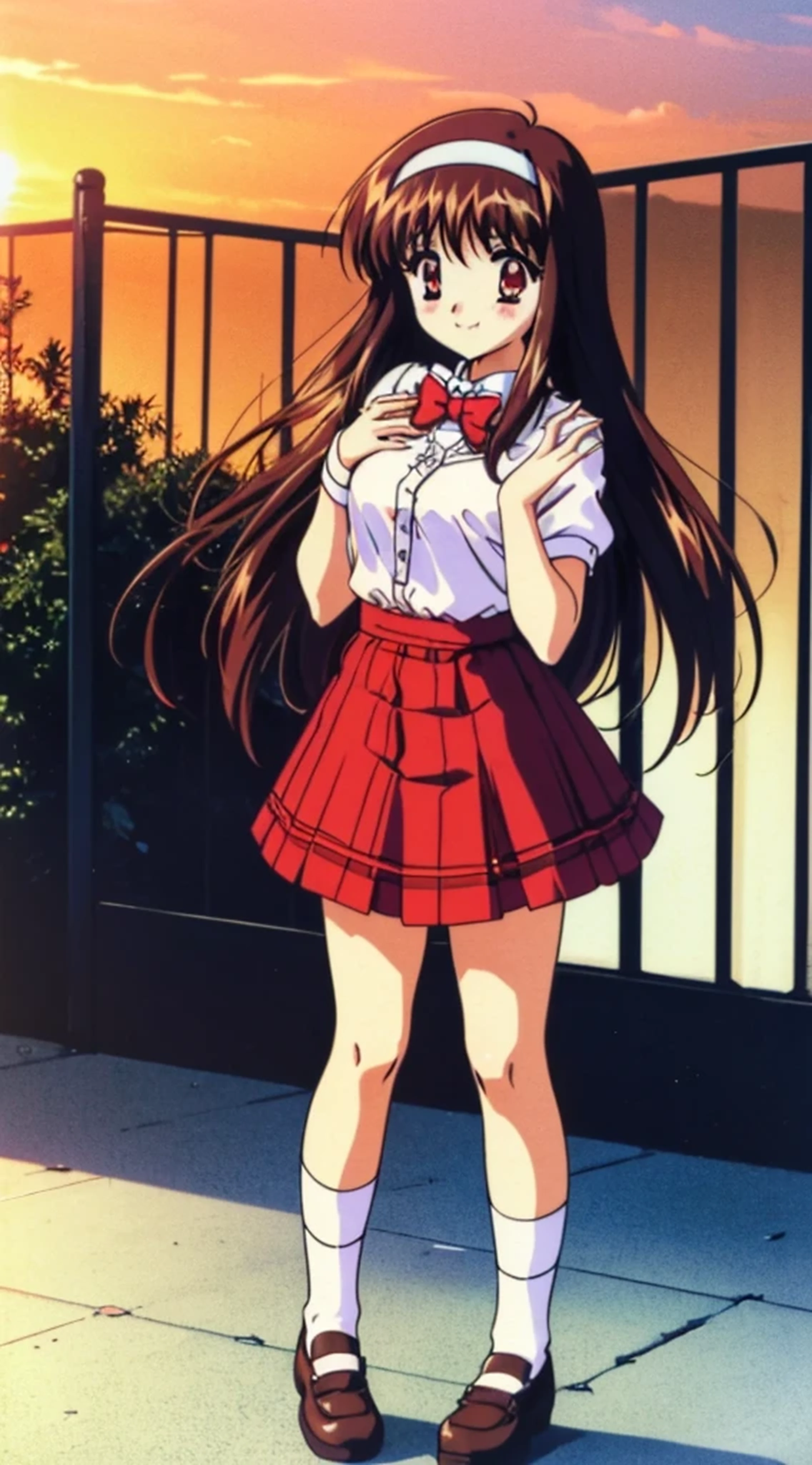 Yuki Mizuho, one person, a woman, (young adult:1.1), (hair length above waist), ((hair band,white)) , Brown Hair, Red eyes, Red eyes, (shirt formal,white), ((a bow tie, Blue)) , Plaid skirt, (socks, white), shoes, retro artstyle, ((skirt masterpiece, red)), 1990s (style), expensive quality, very_expensive_solve, big_file size, Full Color, blush, Cute Smile Open your mouth, Are standing,(Winter Night、With the sunset and the fence behind、Receiving a confession on the school rooftop。I got closest to that smile:1.1), (Place your hands on your chest:1.3), Two Arms, (cinematic angle:1.1),