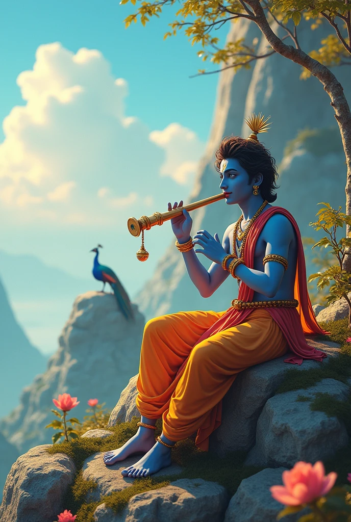 create a 3d image of 20 year old Indian devotional boy who is sitting next to krishna ji and Krishna ji playing the flute, they both sit together on the mountain,boy wearing T-shirt Name "Avinash" written on it, heaven like beautiful view background, peacock dancing,realistic image and boy is in barefoot.