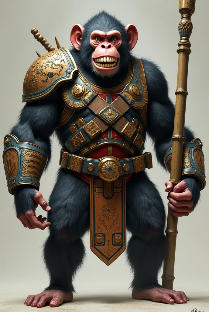 Smile monkey big muscle.wear hologram watch. Wear Chinese war armour suit. Holding bamboo stick