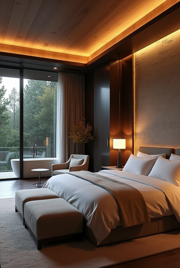 Luxurious master bedroom with king-size bed and luxurious linens, Textured stone wall background. The room is warm, Modern bedside lamps and chandeliers provide soft lighting for a cosy atmosphere.。. Near the floor-to-ceiling windows、There is a cozy sitting area with plush armchairs and a small coffee table.。, Enjoy a private view of the forest. Private bathroom, View through sleek glass doors, Features a separate bathtub and dual vanities with marble countertops。.