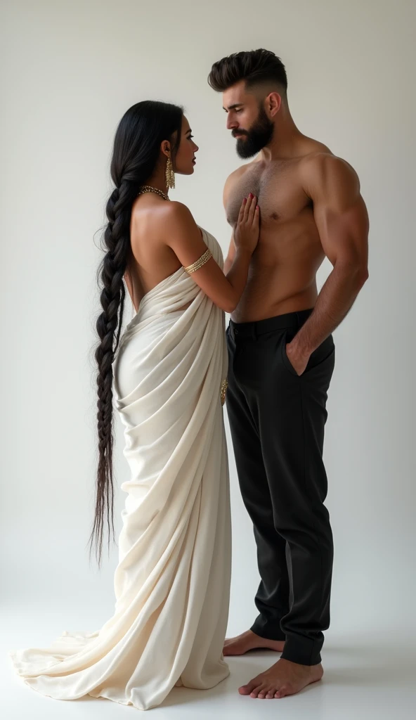 hot curvy white milf with long single plaited hairstyle, big breast, big hip, very big ass, thick thighs, perfect body, woman wearing saree, looking at camera, tall man and short woman, in white room, man with short side fade hairstyle, muscular body, beard, looking at camera,