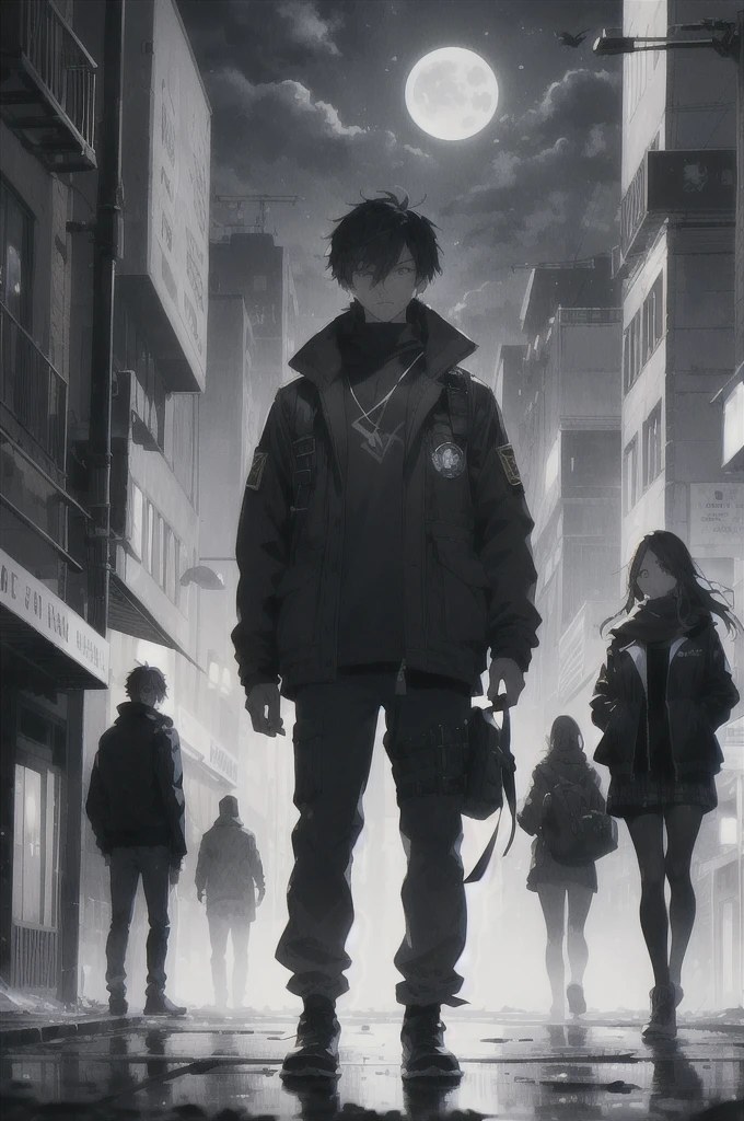 A tense and dramatic book cover featuring three male and two female students., standing on a deserted city street at night. One of the male students, with an expression full of determination and focus, a little bit ahead, while the two female students looked anxious but determined, and two other male students standing behind. The city around them was dark and scary., with shadowy tall buildings and a few flickering street lights. The sky above was cloudy and threatening., with a little moon visible. In the distance, there are faint silhouettes of other students, shows a dangerous survival game. The title of the novel is displayed clearly at the top in a bold, rough font., with the author&#39;s name at the bottom. The overall mood of the cover should be intense and full of tension., reflects the life and death stakes in the story.