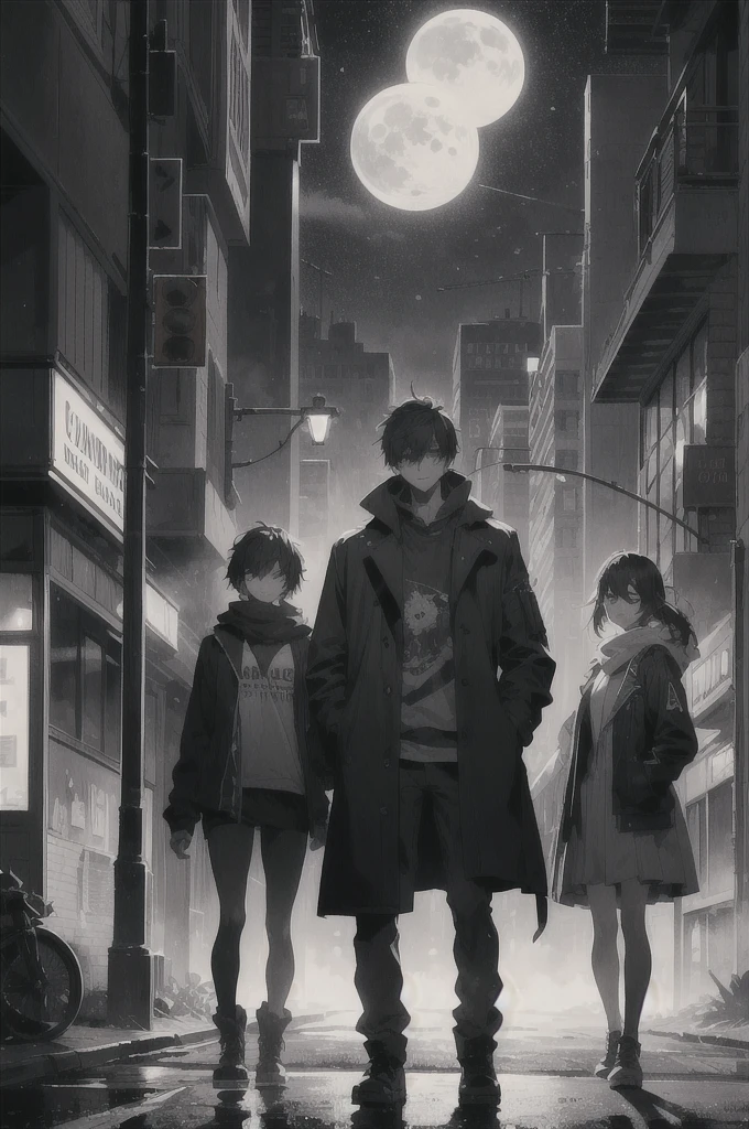 A tense and dramatic book cover featuring three male and two female students., standing on a deserted city street at ht. One of the male students, with an expression full of determination and focus, a little bit ahead, while the two female students looked anxious but determined, and two other male students standing behind. The city around them was dark and scary., with shadowy tall buildings and a few flickering street lights. The sky above was cloudy and threatening., with a little moon visible. In the distance, there are faint silhouettes of other students, shows a dangerous survival game. The titof the novel is displayed clearly at the top in a bold, rough font., with the author's name at the bottom. The overall mood of the cover should be intense and full of tension., reflects the life and death s in the story.