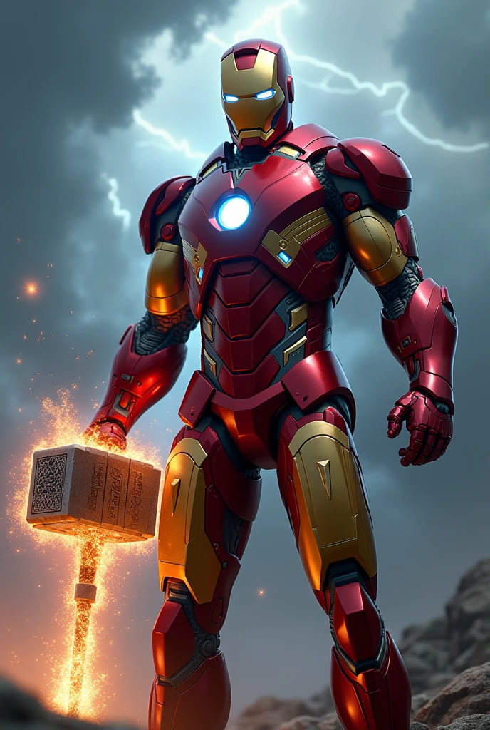ironman holding thors hammer