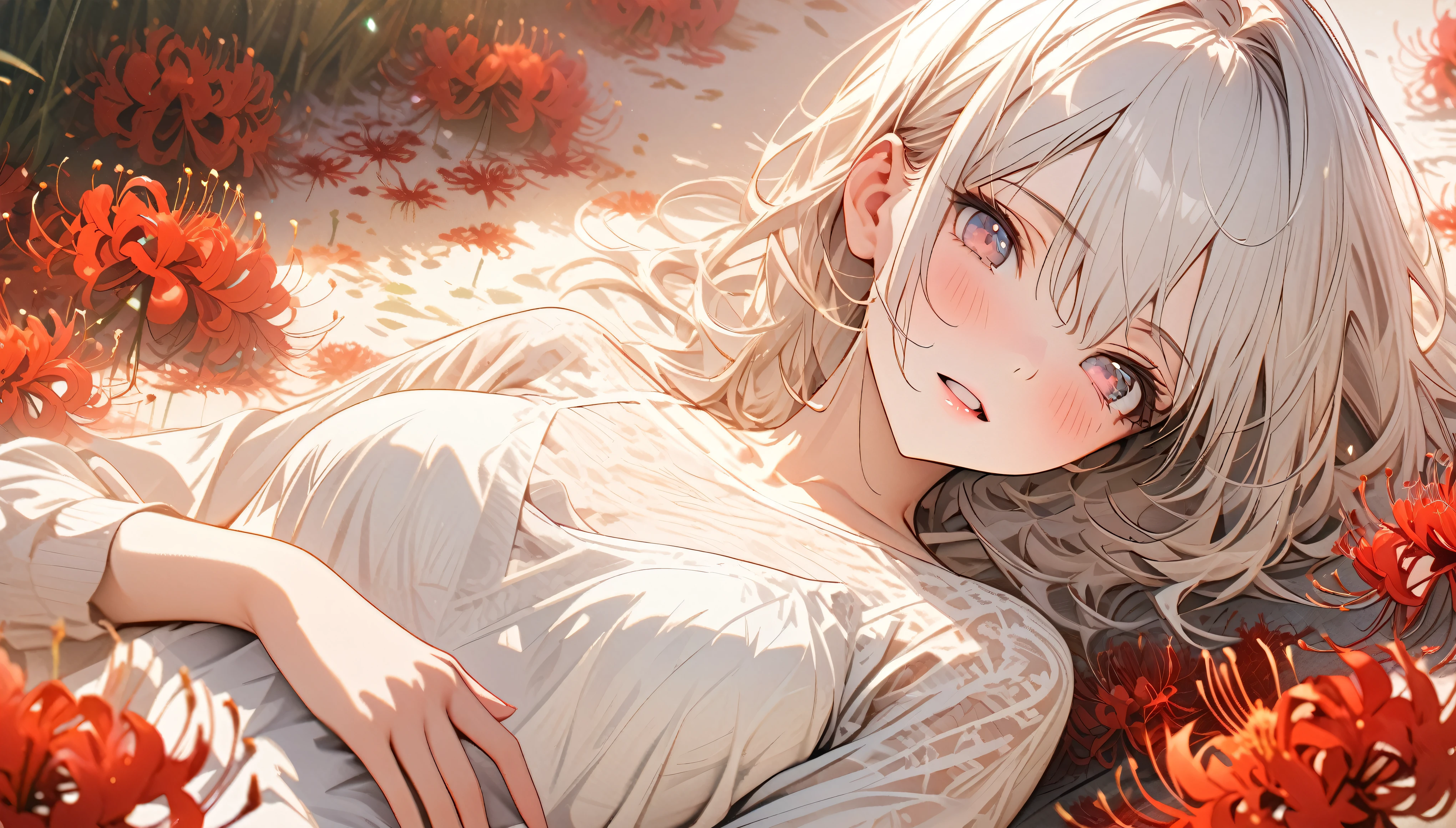 Beautiful girl with white hair, Lie on your back on the ground,Red spider lily,Flower Field,out-of-door, top view,Long-range shooting,Very delicate lace, best quality, 8k, Very detailed, High Detail, masterpiece