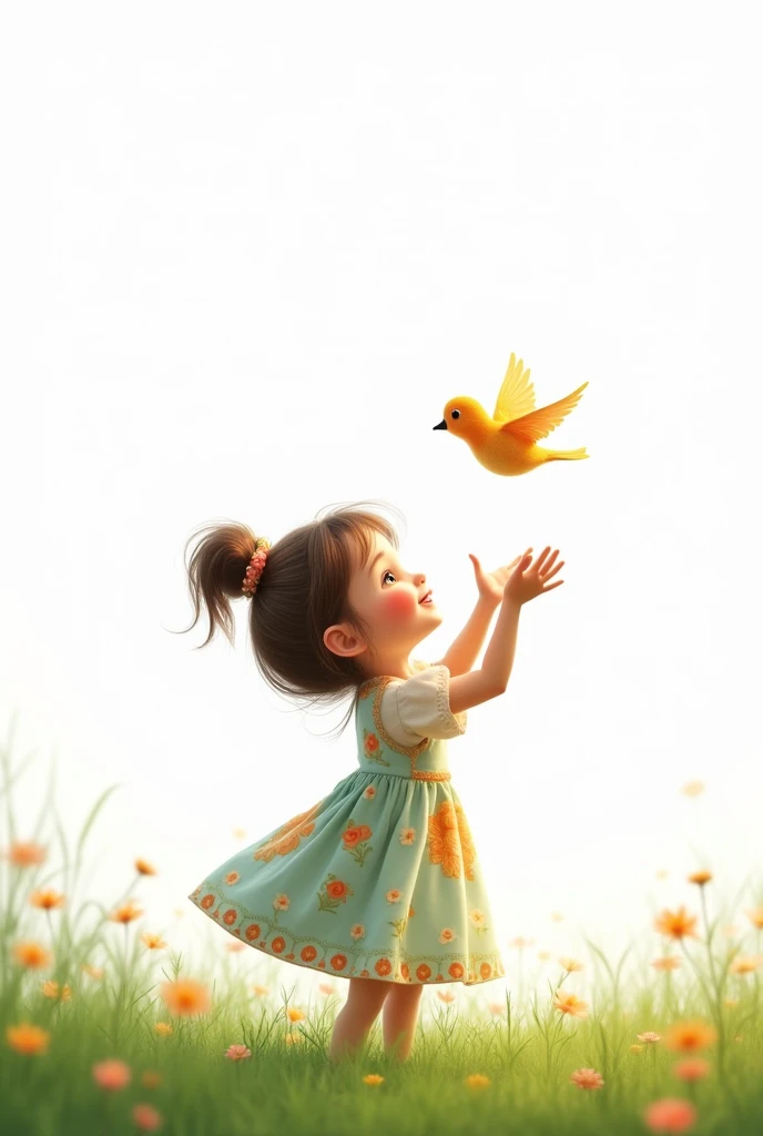 white background,best quality,cute liitle girl standing on grass,she look at the little bird,rais her hands to the little bird,cute little bird flying,cute colorful frock wearing the girl,smiling face
