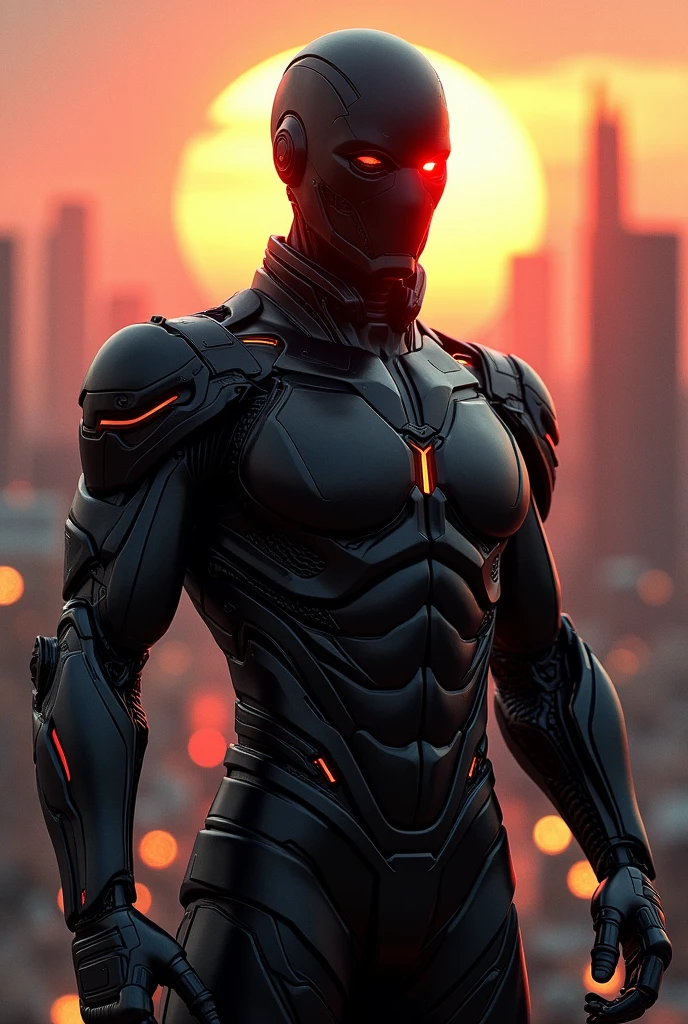 A boy who has a black shade mask on half mouth or shadow cyborg black or red -colored suit is robbed of half -straight hand, or the sun is the city behind his. And his clothes with metalic look his one eye was red and one is black with fire look