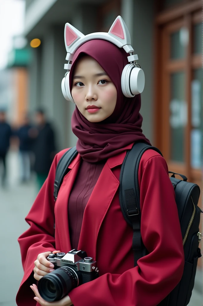 photography, UHD, a Korean Muslim woman, wearing white gamer headphones with cat ears, wearing a maroon hijab, wearing a red elegant robe, wearing a backpack, carrying a camera