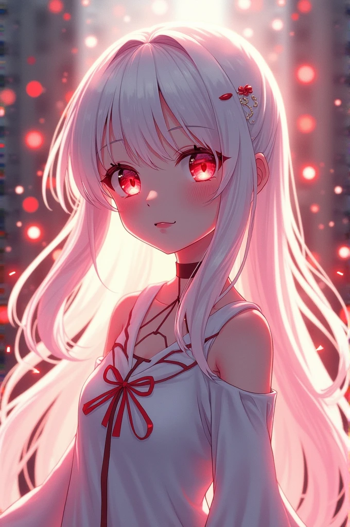 beautiful illustration, best quality, cute petit girl, (transform sequence), transform magical girl, chibi, white magical girl, fractal art, albino, babyface, long pure white and red mesh hair, beautiful detailed red eyes, cinematic lighting, cowboy shot, looking at viewer, from bottom, happy