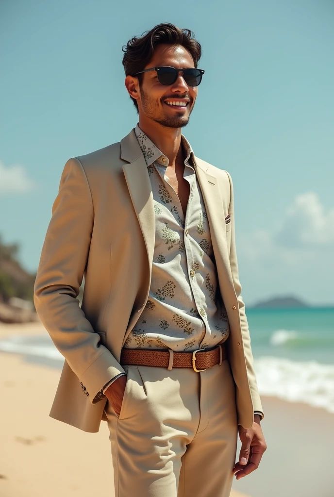 design a 3D luxury stoner business casual outfit for a day at the beach during a zoom call. The outfit should portray stoner life without having to display weed on the clothing. L.I.F.T. Clothing means Life is For Today so the clothing should have a high vibration. brand name will be visible on the clothes. The clothes will have a stoner vibe. taylor to latino americans