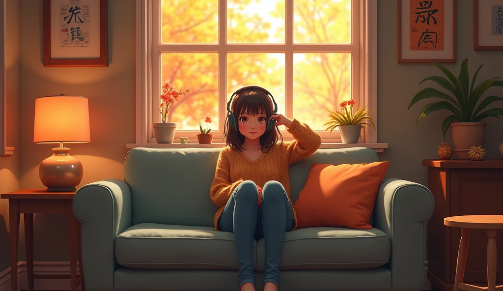 Perfect image, 8k, High school girl listening to music in a cozy room、 Using headphones, 2D-style animation, Lo-Fi,Autumn leaves outside the window、autumn、Sit on the sofa、smile、Retro、Anime style illustrations、Mature atmosphere、Wearing knitwear、I&#39;m wearing jeans