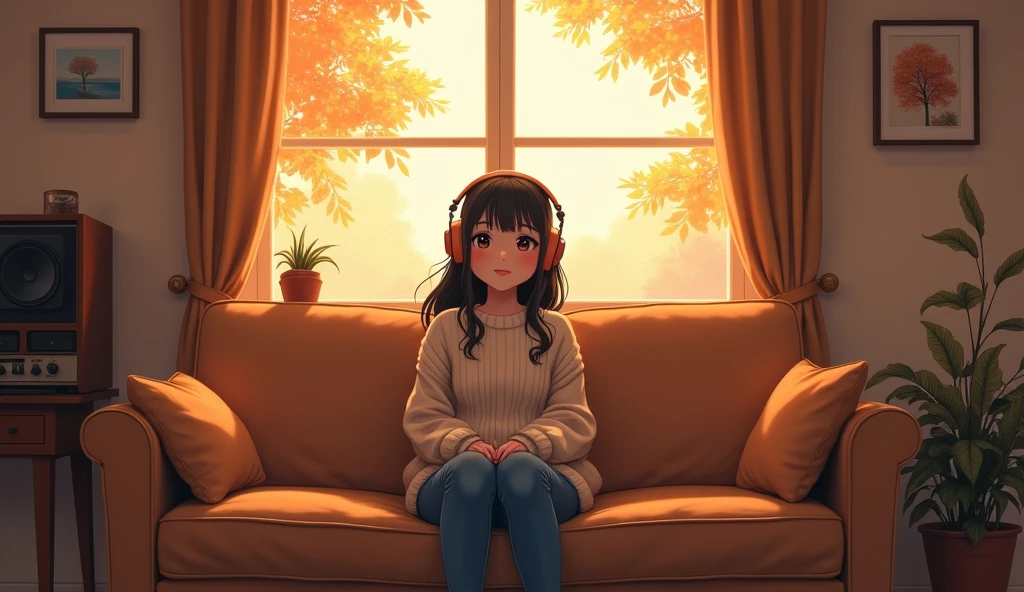 Perfect image, 8k, High school girl listening to music in a cozy room、 Using headphones, 2D-style animation, Lo-Fi,Autumn leaves outside the window、autumn、Sit on the sofa、smile、Retro、Anime style illustrations、Mature atmosphere、Wearing knitwear、I&#39;m wearing jeans