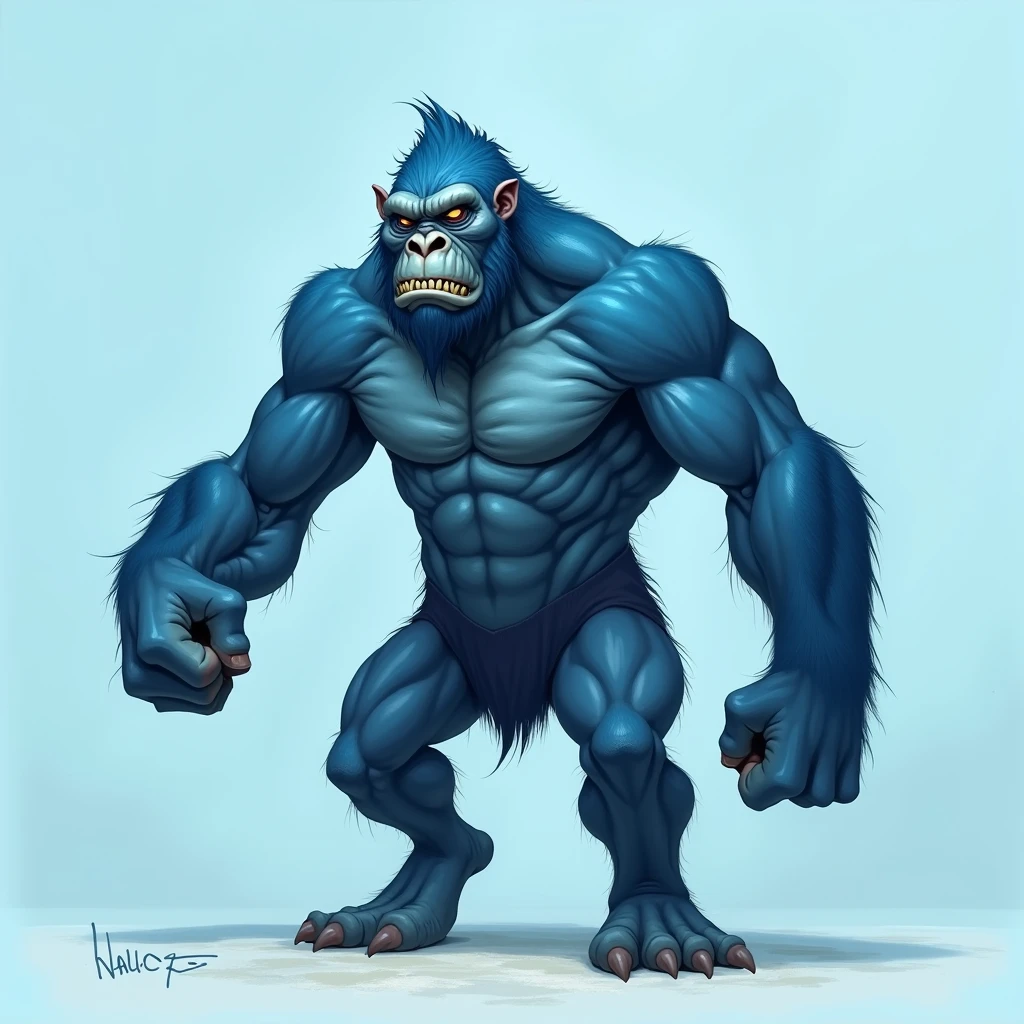 like blue gorilla, light blue background, noble, standing, angry, sideways, hairless, human-like appearance, standing straight, arms at sides