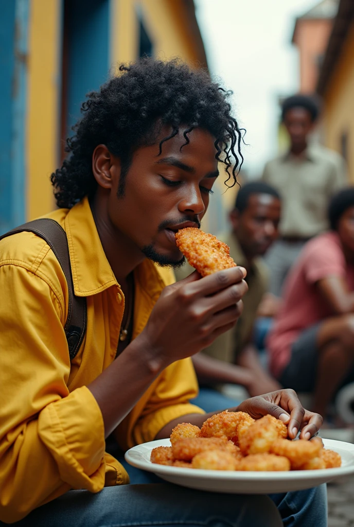 Michael Jackson eating acarajé in Pelourinho in Salvador, Bahia during the break in the production of the music video for the song They Don&#39;t Care About Us