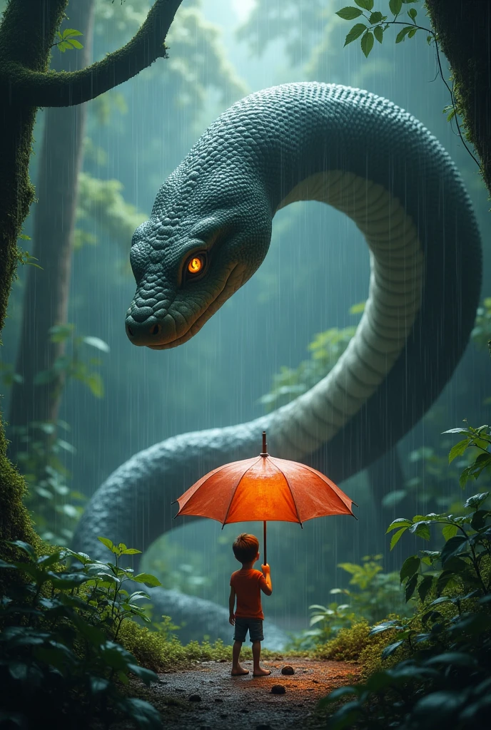 A boy holding umbrella protecting himself from rain in a forest who is alone but dare enough to face a huge snake