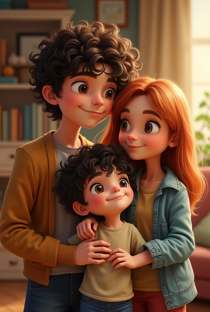 Creates the image of a curly-haired older brother, 2,
Middle brother with straight hair, and little sister with straight hair,