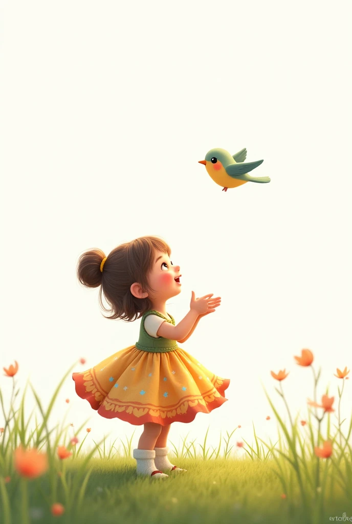 white background,best quality,cute liitle girl standing on grass,she look at the little bird,rais her hands to the little bird,cute little bird flying,cute colorful frock wearing the girl,smiling face