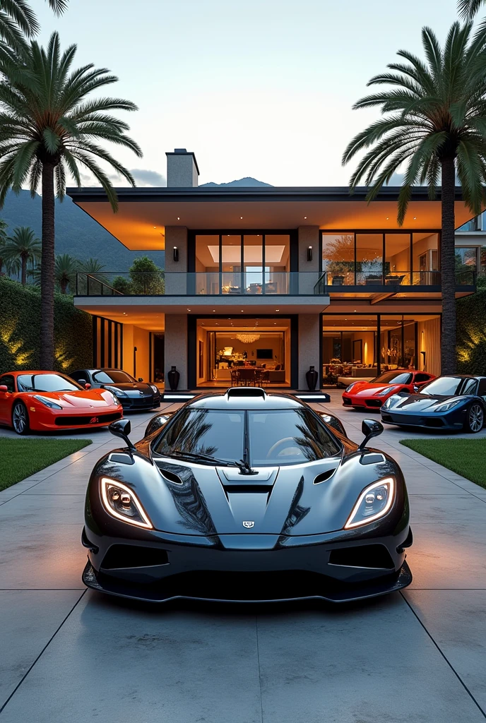 Create a modern movie mansion with luxury cars and add a Koenigsegg car