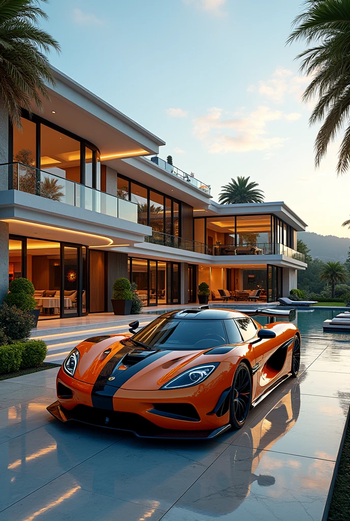 Create a modern movie mansion with luxury cars and add a Koenigsegg car