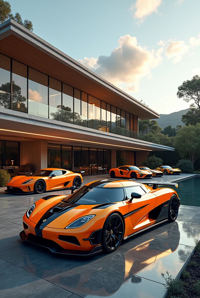 Create a modern movie mansion with luxury cars and add a Koenigsegg car