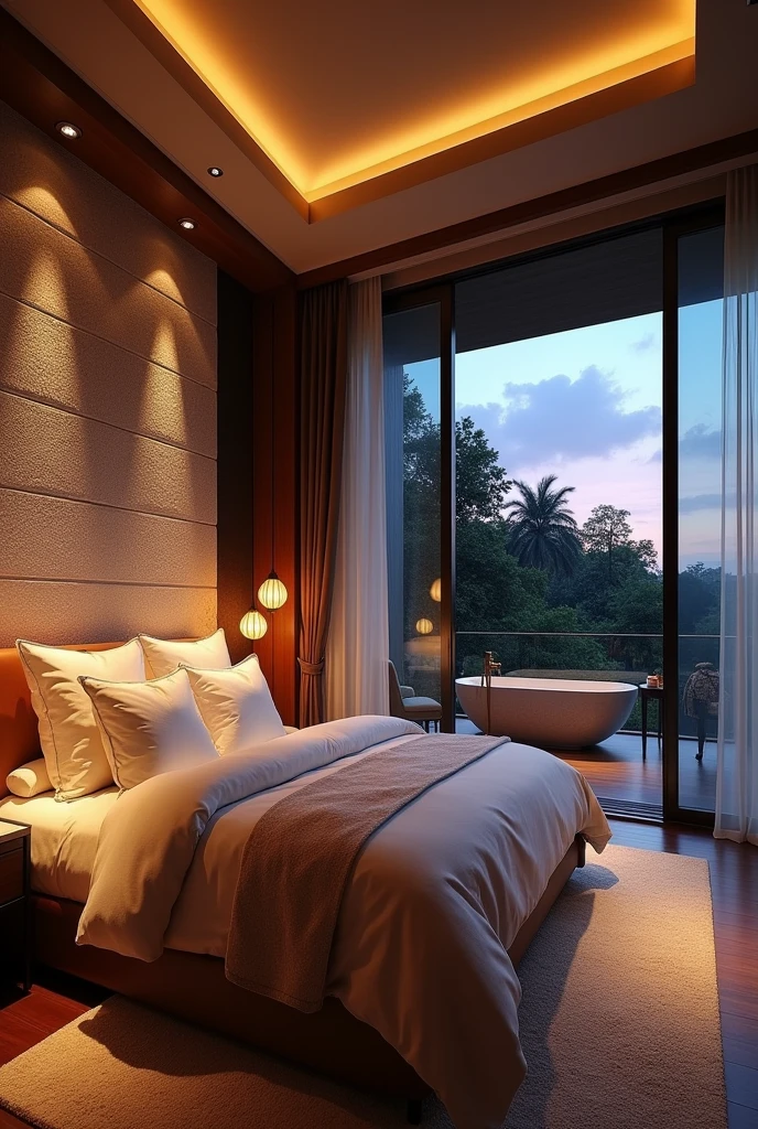 Luxurious master bedroom with king-size bed and luxurious linens, Textured stone wall background. The room is warm, Modern bedside lamps and chandeliers provide soft lighting for a cosy atmosphere.。. Near the floor-to-ceiling windows、There is a cozy sitting area with plush armchairs and a small coffee table.。, Enjoy a private and beautiful night view. Private bathroom, View through sleek glass doors, Features a separate bathtub and dual vanities with marble countertops。.