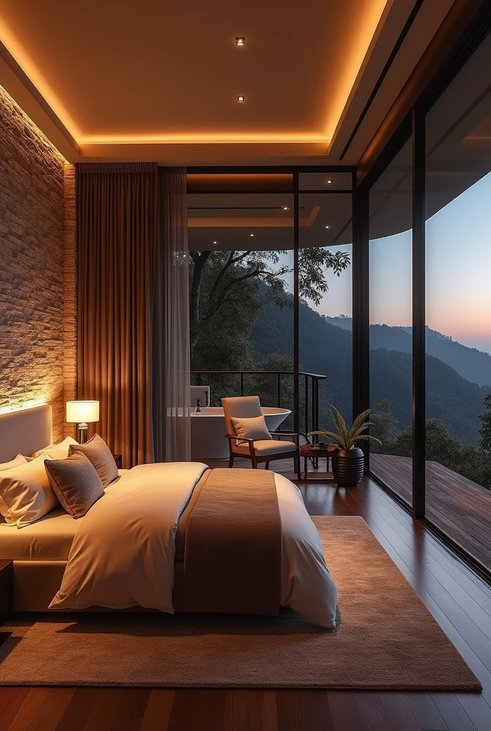 Luxurious master bedroom with king-size bed and luxurious linens, Textured stone wall background. The room is warm, Modern bedside lamps and chandeliers provide soft lighting for a cosy atmosphere.。. Near the floor-to-ceiling windows、There is a cozy sitting area with plush armchairs and a small coffee table.。, Enjoy a private and beautiful night view. Private bathroom, View through sleek glass doors, Features a separate bathtub and dual vanities with marble countertops。.