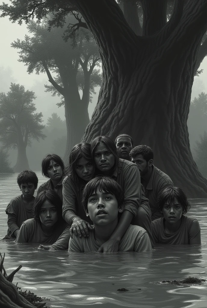 Many people, in the flood water, come next to the big green trees drowned in the flood water, the emotion of the  is dense, background black and white