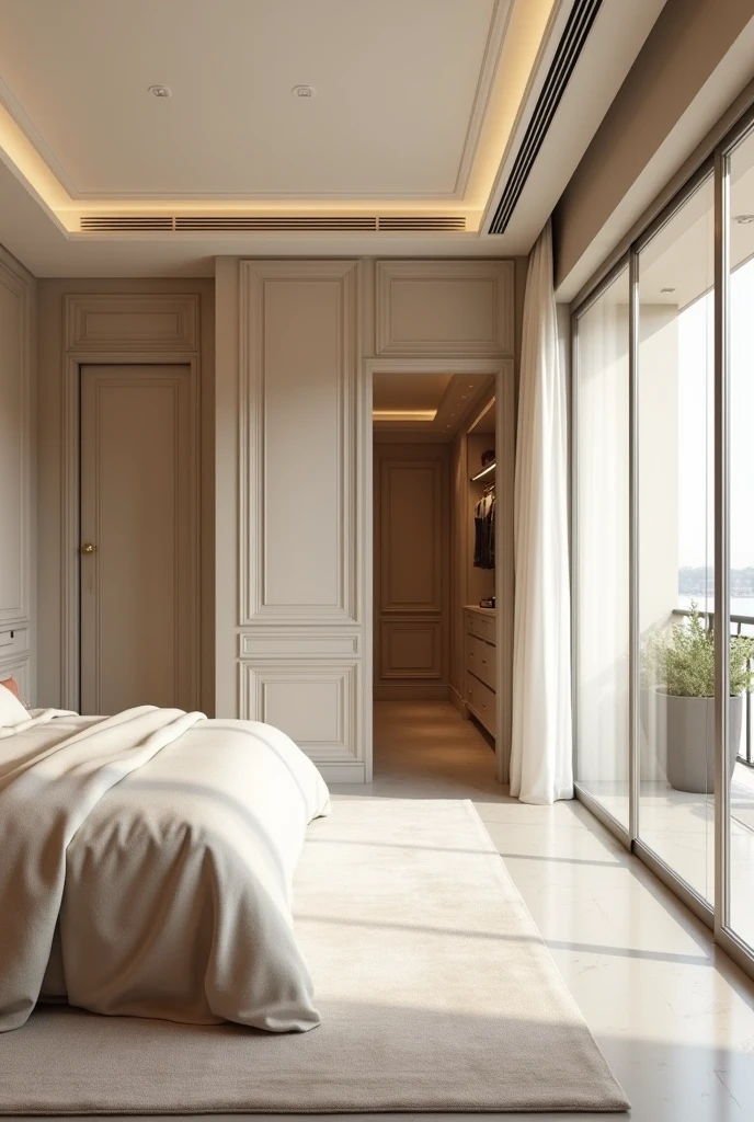 Wide image of a Modern and luxury Bedroom interior design ideas in cream or beige colour theme, with bed near to bedroom door, door is located at left side of the bed. dressing room next to bedroom door , transparent glass cupboard ,balcony beside the bed