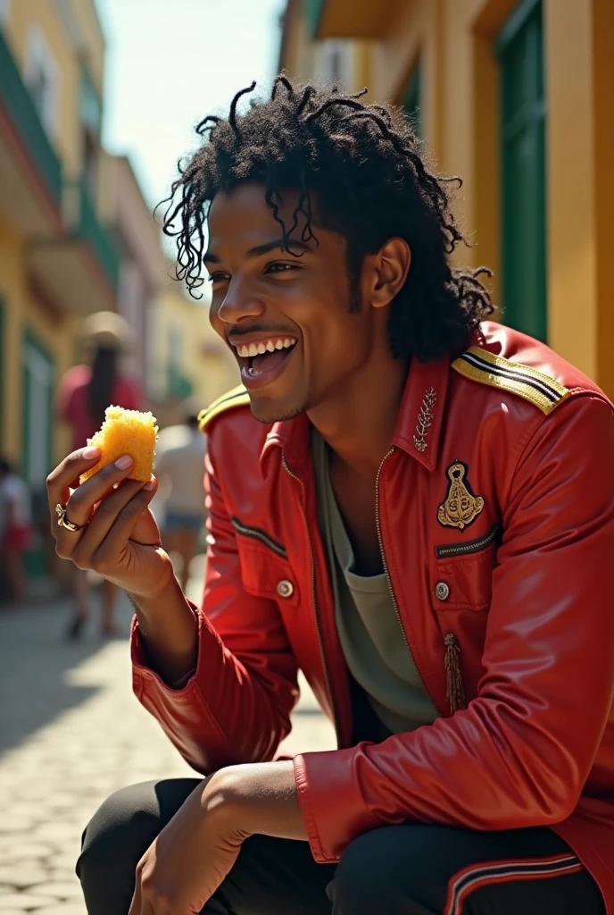 Michael Jackson eating acarajé in Pelourinho in Salvador, Bahia during the break in the production of the music video for the song They Don't Care About Us