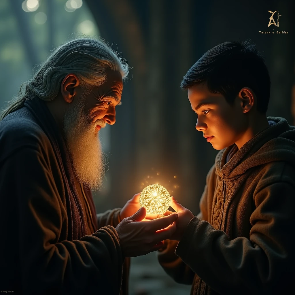 An elderly woman with wrinkled skin and a wise expression hands a small, glowing amulet to Ronaldo. The amulet, intricate and ancient-looking, radiates a faint light, and Ronaldo's face shows a mix of curiosity and intrigue in dall e-3 style