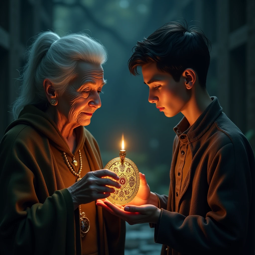 An elderly woman with wrinkled skin and a wise expression hands a small, glowing amulet to Ronaldo. The amulet, intricate and ancient-looking, radiates a faint light, and Ronaldo's face shows a mix of curiosity and intrigue in dall e-3 style