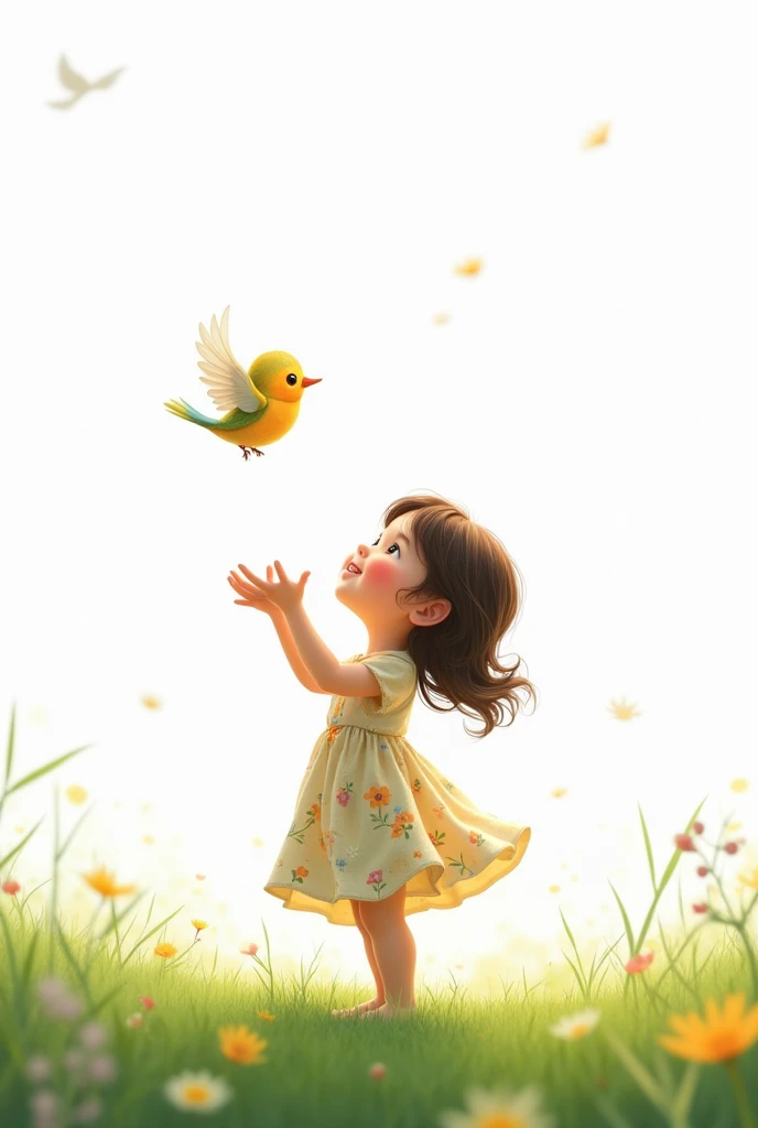 white background,best quality,cute liitle girl standing on grass,she look at the little bird,rais her hands to the little bird,cute little bird flying,cute colorful frock wearing the girl,smiling face