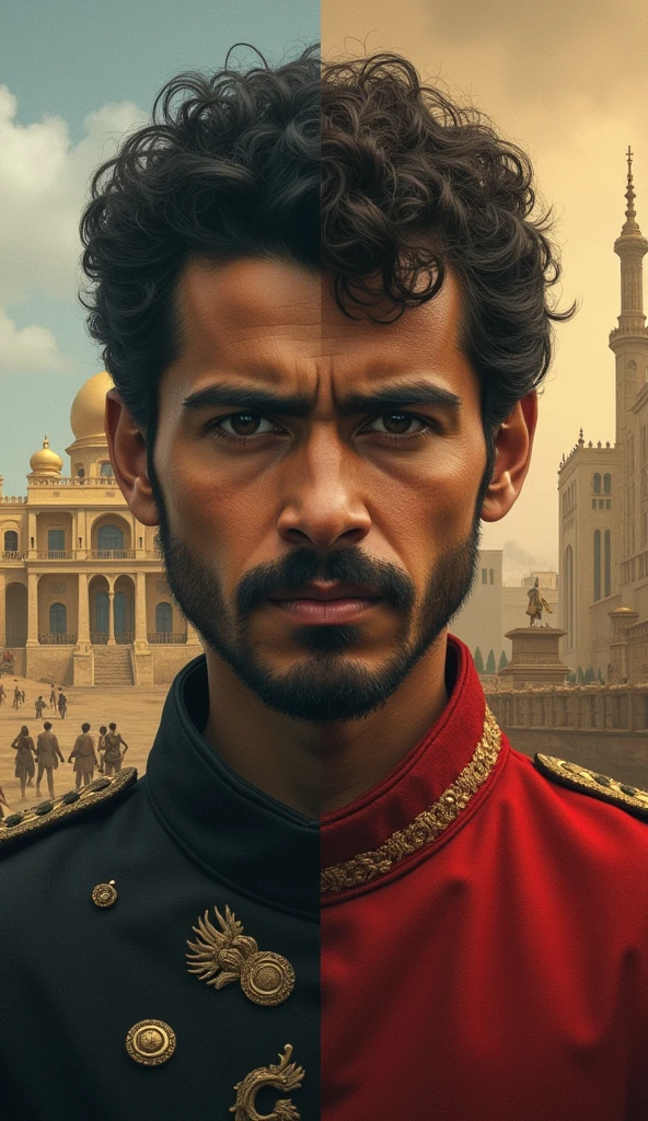 A young Saddam Hussein growing up in a harsh environment, gradually transforming from a struggling  into a powerful and menacing leader. The scene shifts from a poor village to a grand, intimidating palace, symbolizing his rise to power in the Middle East."
