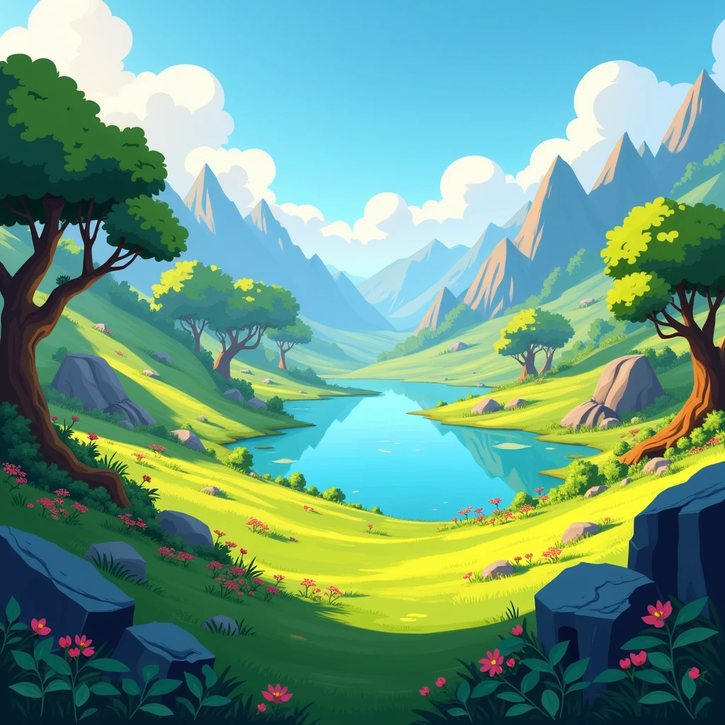 Create a videogame main manu background, is a survival videogame, be creative, PC background, make it in a little mountain with good ilumination, make it style animated, with strength colors, make with a little lake, with trees and little caves in a meadow with best colors, make rocks and flowers and tress
