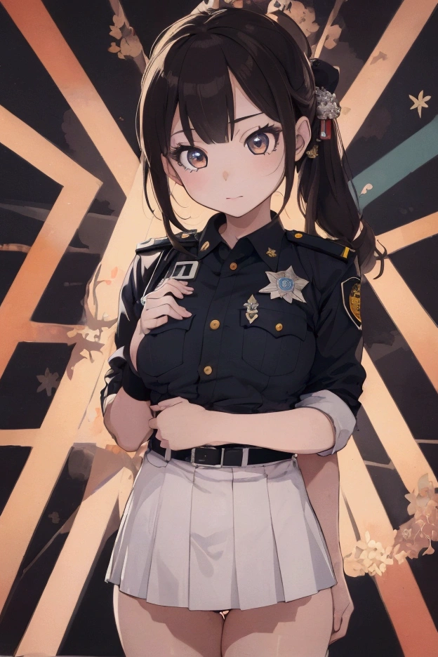(ultra highres、ultra quality、Masterpiece、8k.nsfw、5 fingers),A girl with light hair drawn in high resolution Japanese anime style、whole body、Women in police costume., Young and cute 、Russian and Japanese mix, Asian woman,s hot, Japanese Model, Cute Core, Young Gravure Idol, Chubby