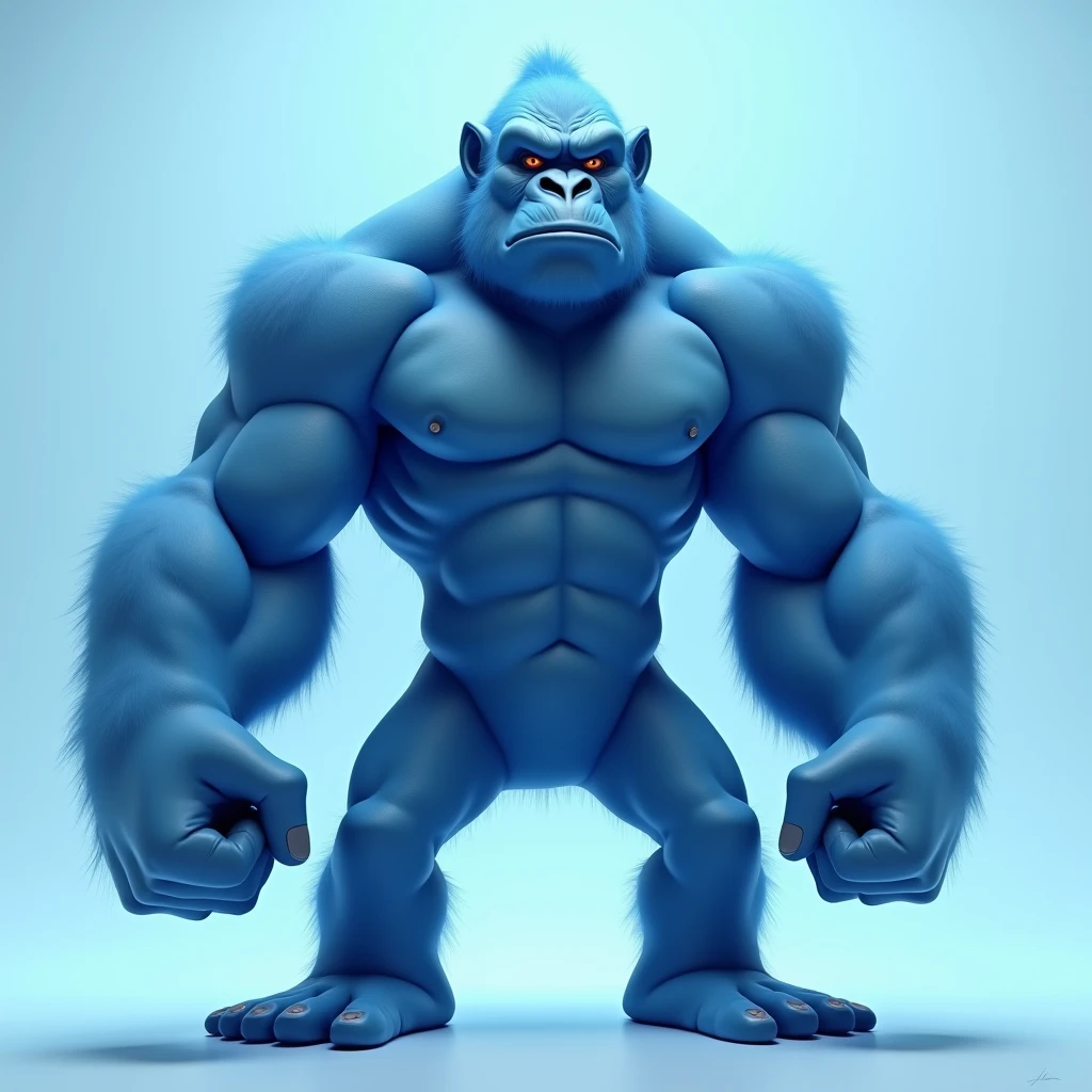 like blue gorilla, light blue background, noble, standing, angry, sideways, hairless, human-like appearance, standing straight, arms at sides, human gorilla mix 