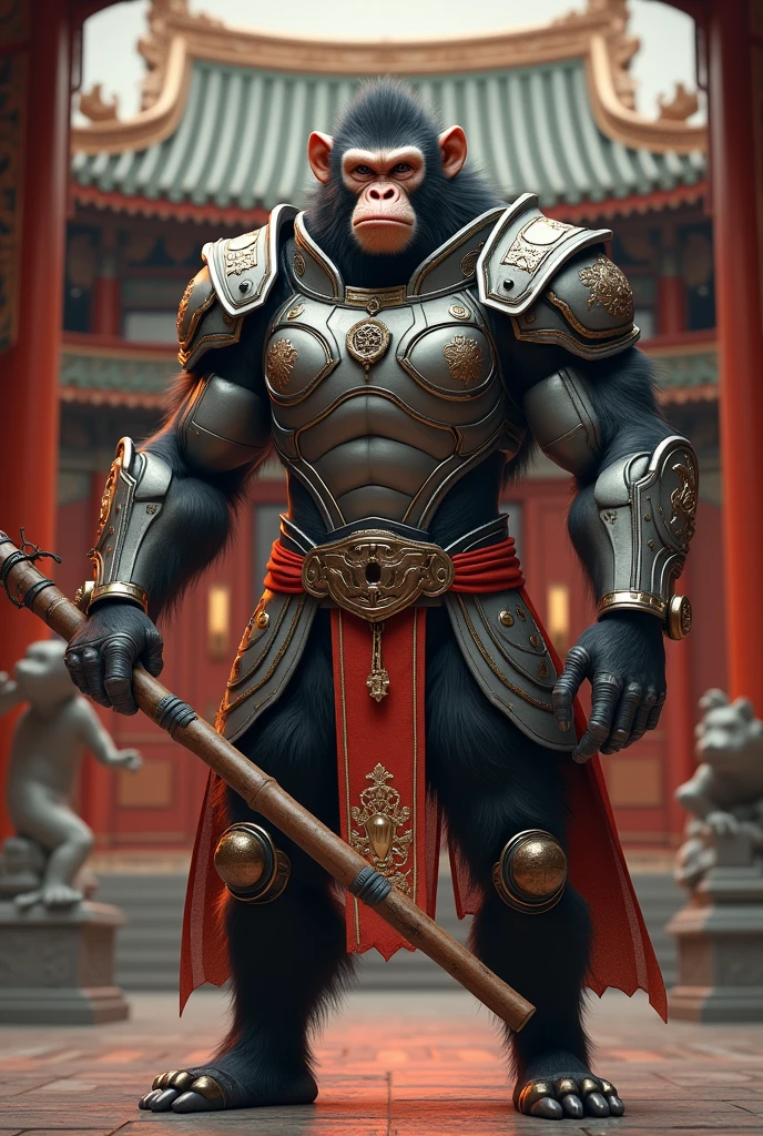 Smile monkey big muscle.wear hologram watch. Wear Chinese war armour suit. Holding bamboo stick. Chinese emperor background. Monkey wear high tech hologram watch.