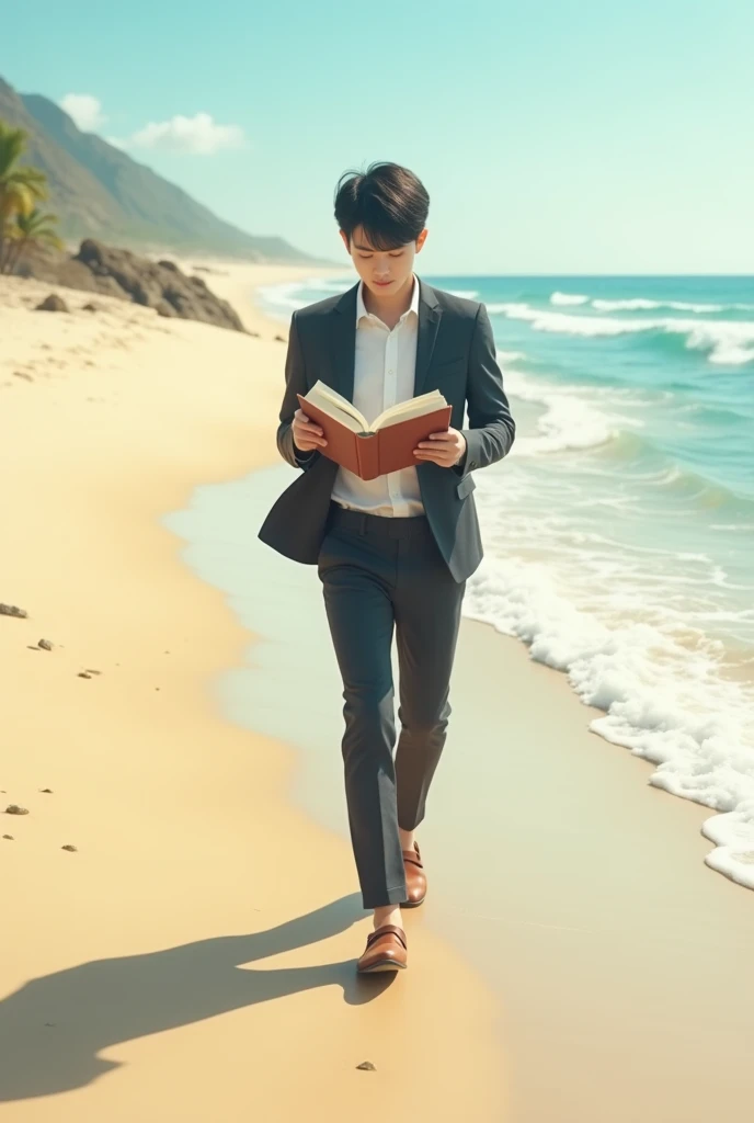 A real person walking on a beach with a book
