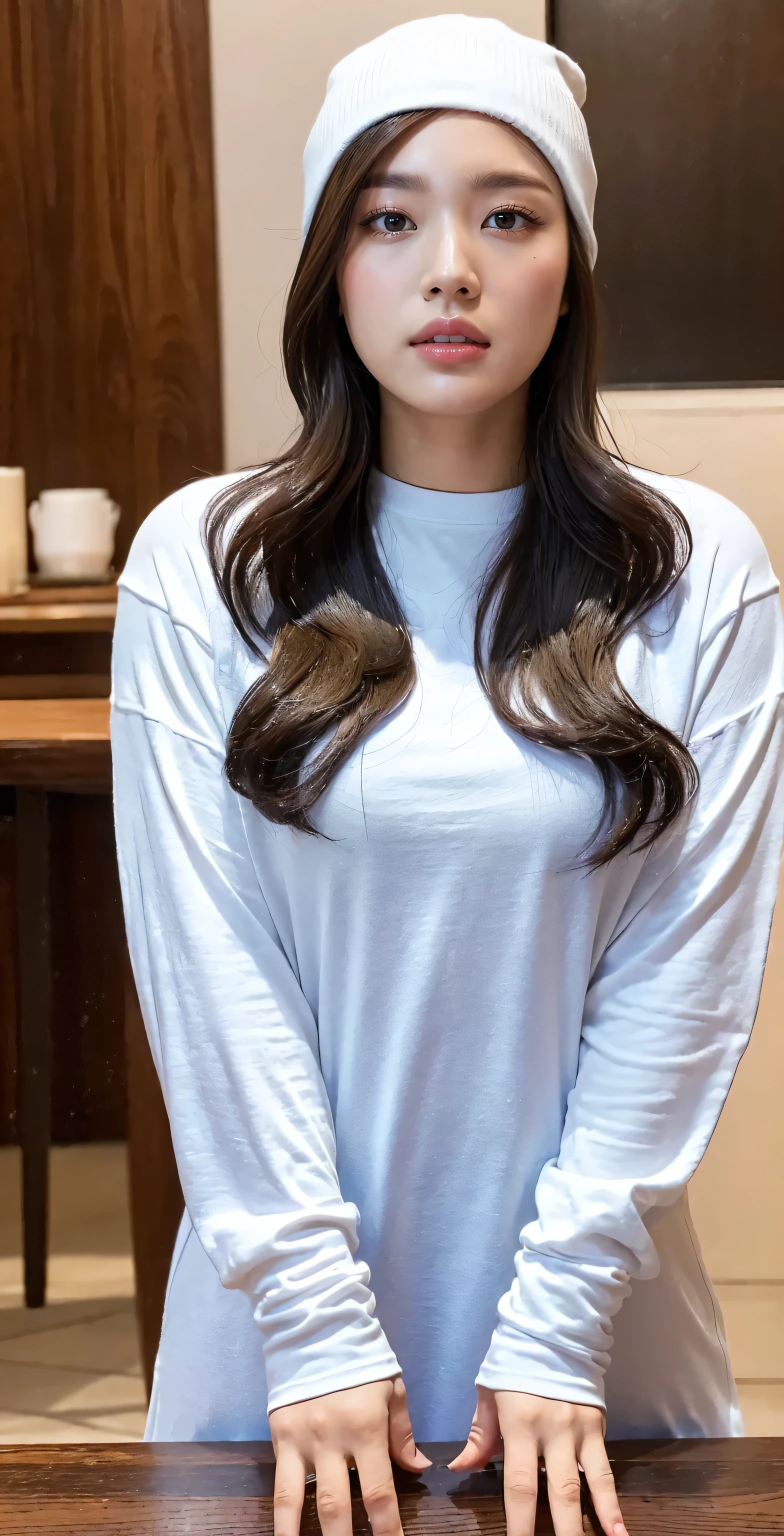 (Tabletop,high quality,16K:1.1),(Depth of written boundary:1.3) ,((Front body:1.35)), Japanese ,woman, Beanie , Long Sleeve U-Neck T-Shirt Maxi (((The size is too tight for her))) dress, Extremely large breasts, bigger than her face, Sensual, thick, Curvy,(View your viewers:1.3),(Full Body Shot:1.2),Snow Scene,(It's snowing:1.2),(Beautiful night view of Tokyo city in Japan:1.2)