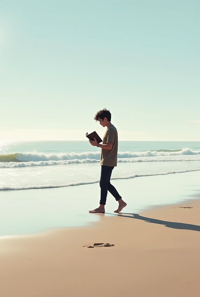 A person walking with a book in its hand on a beach