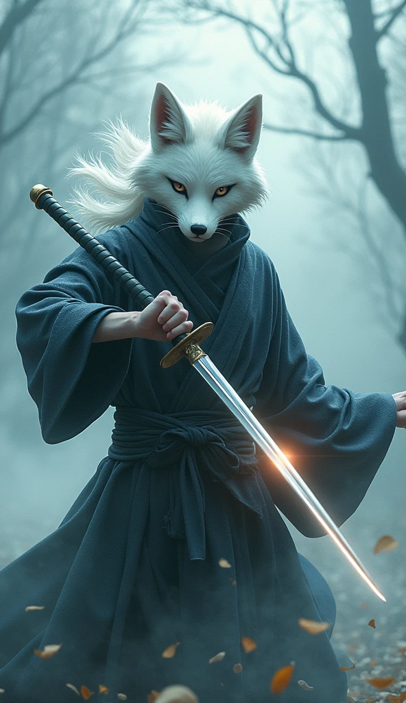 Mysterious Ninja, Swinging a dagger, Splitting apart with every strong blow、Shrouded in fog that obscures the view, Revealing vivid and surreal scenes, The blade&#39;s cut stands out clearly against the blurry background., Mysterious background, The sharp gaze of the white fox meets the viewer.., A dreamy layer of fog covers the landscape, piercing, clear eyes, A sophisticated and beautiful kimono, Dramatic lighting and colors, white hair