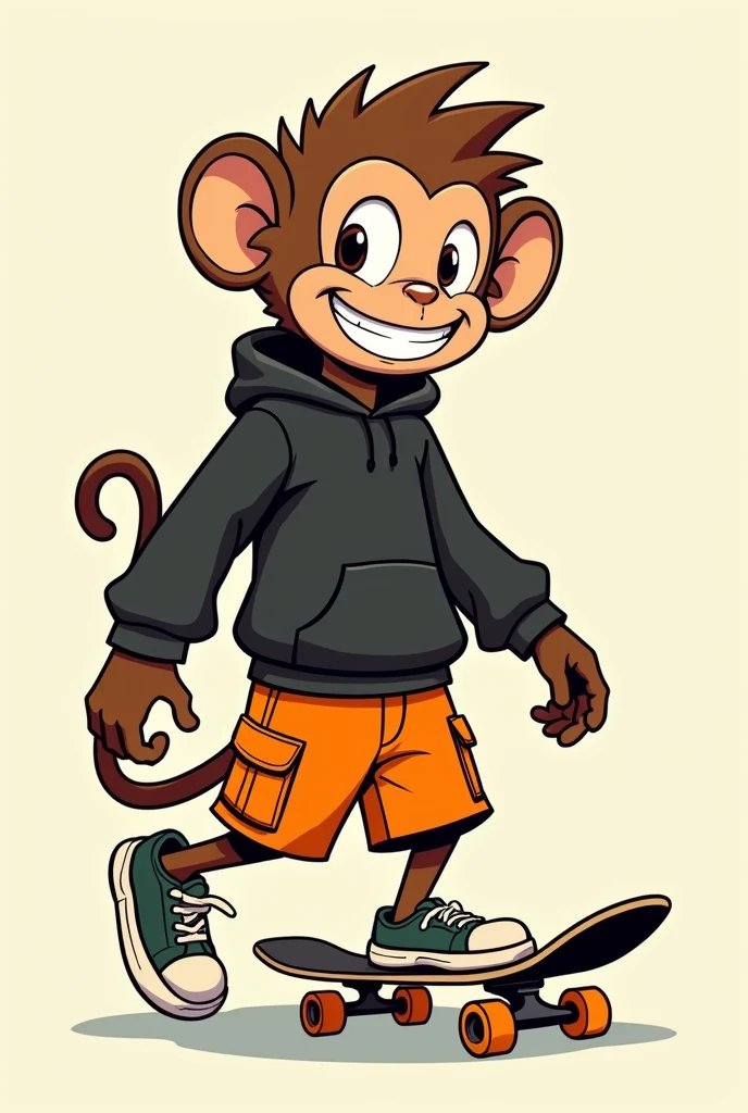 An anthropomorphic monkey character wearing orange cargo shorts and a black hoodie, holding a skateboard in one hand while walking in profile. The illustration is done in a comic book art style with bold outlines and flat colors, capturing the lively spirit of classic animation. The monkey has spiky hair, a mischievous grin, and expressive eyes, set against a minimalistic background to keep the focus on the character.