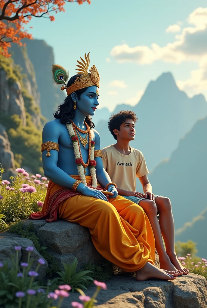 create a 3d image of 20 year old Indian devotional boy who is sitting next to krishna ji and Krishna ji playing the flute, they both sit together on the mountain,boy wearing T-shirt Name "Avinash" written on it, heaven like beautiful view background, peacock dancing,realistic image and boy is in barefoot.