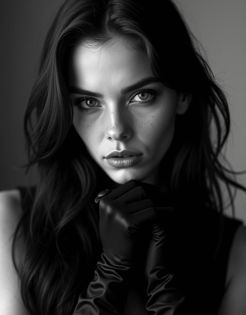 black and white art photography, photographer Annie Leibovitz, portrait of a slavic woman 3, long hair, black satin gloves, cinematic, professional, 4k, (((dynamic model pose))), dramatic, highly detailed skin with hair, subcutaneous veins, light and shadow play, highly detailed,24mm photograph, film, bokeh, professional, 4k,