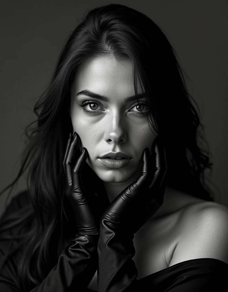 black and white art photography, photographer Annie Leibovitz, portrait of a slavic woman 3, long hair, black satin gloves, cinematic, professional, 4k, (((dynamic model pose))), dramatic, highly detailed skin with hair, subcutaneous veins, light and shadow play, highly detailed,24mm photograph, film, bokeh, professional, 4k,
