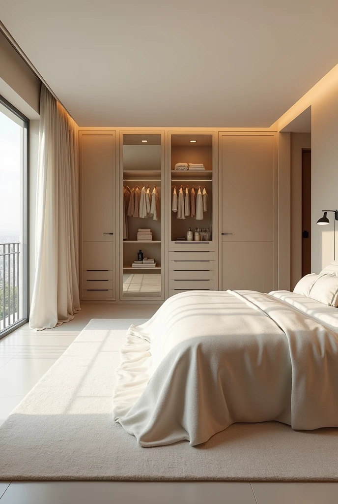 Wide image of a Modern and luxury Bedroom interior design ideas in cream or beige colour theme, with bed near to bedroom door, door is located at left side of the bed. dressing room next to bedroom door , transparent glass cupboard ,balcony is in the left side of the bed