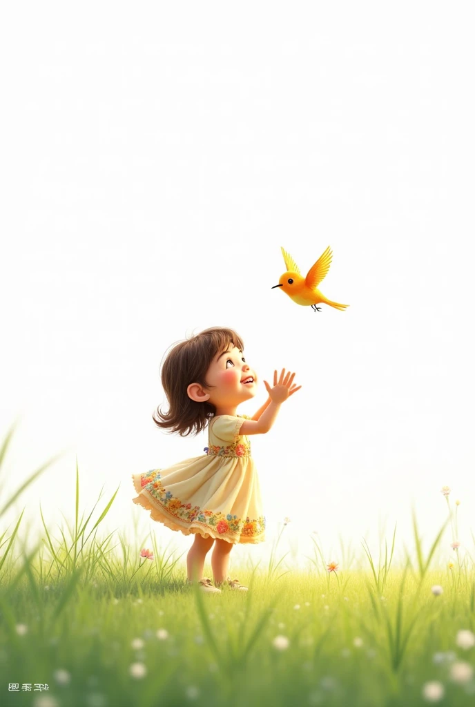 white background,best quality,cute liitle girl standing on grass,she look at the little bird,rais her hands to the little bird,cute little bird flying,cute colorful frock wearing the girl,smiling face
