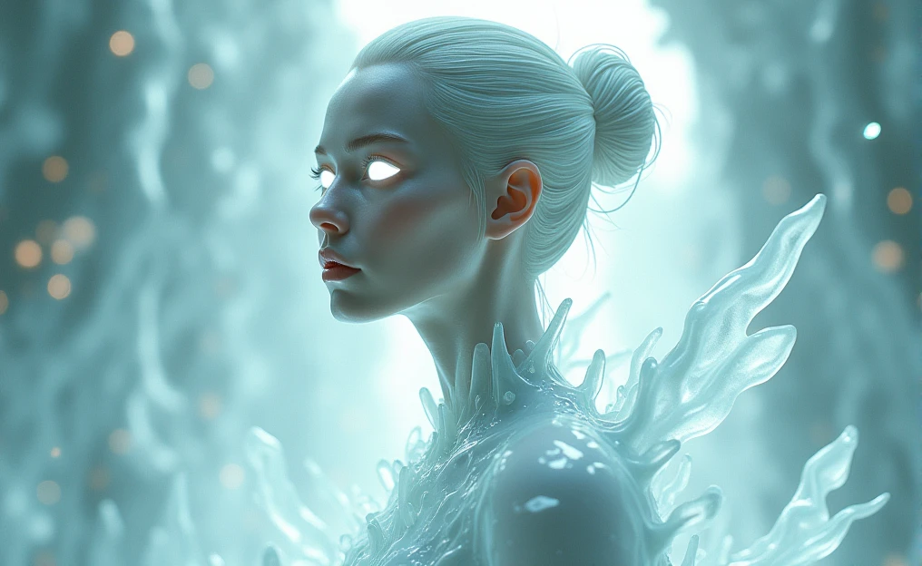 It has a futuristic and surrealist style. It presents a female figure with almost ethereal characteristics.. His eyes are completely white, which gives it an air of mystery or otherworldliness. Her skin is pale and soft, with an almost unreal shine. The hair is pulled back into a sleek, polished updo..

What stands out most are the liquid and crystalline elements that seem to float around her face and body.. These elements add a sense of movement and dynamism., as if the figure were emerging from an aquatic or crystalline environment. The image as a whole has a very artistic and evocative aesthetic., with a use of light and textures that enhances the feeling of something magical and supernatural.
