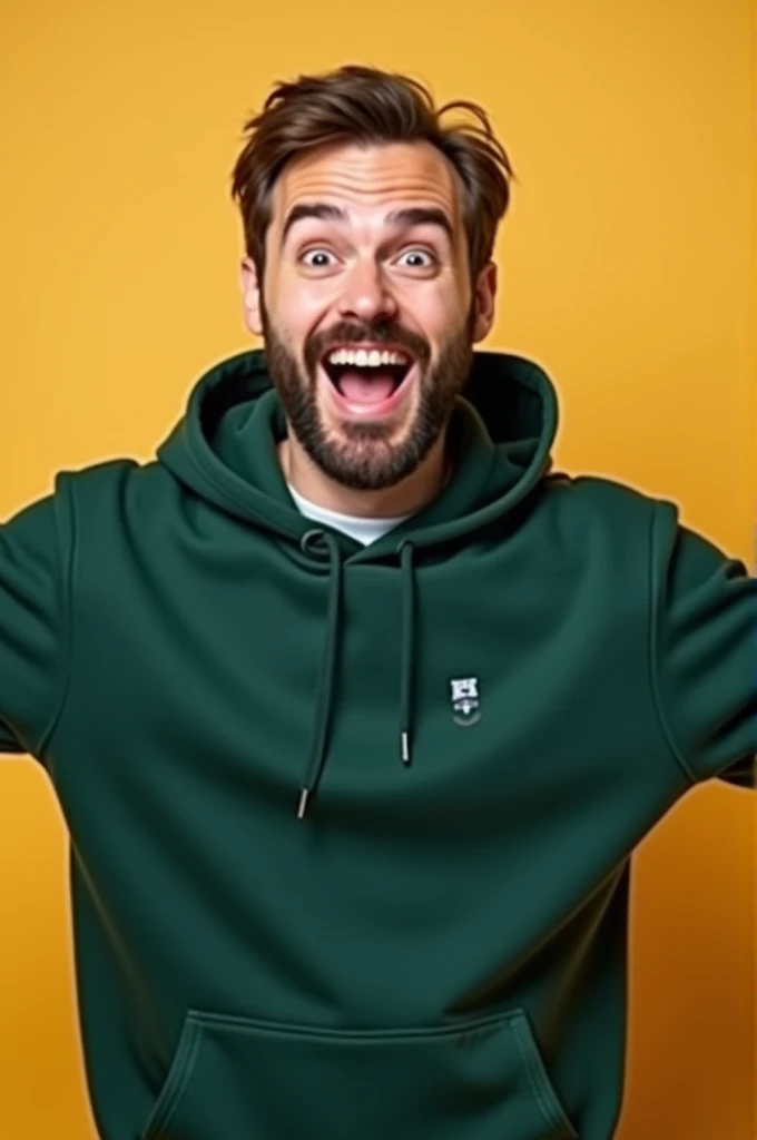 Create an energetic, enthusiastic man with a light beard and brown hair, wearing a dark green hoodie with a minimalistic logo in the center. He is smiling widely, with both arms open, conveying excitement and surprise. The background should be simple and clean, highlighting the subject. The lighting should be soft, giving the image a positive, approachable feel."








