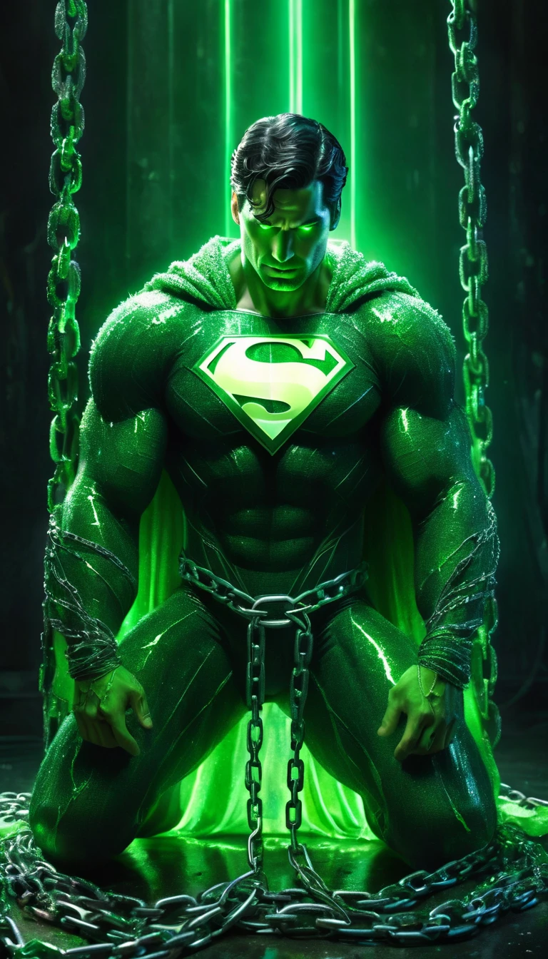realistic photo, full body shot, Superman, trapped in chains made of green kryptonite, whole body tied with a green and glowing chain, the whole body is wrapped in a lot of green chain, injured, kryptonite chain hurts his skin, dramatic lighting, cinematic angle, highly detailed, photorealistic, 8k, HDR, sharp focus, physically-based rendering, ultra-fine details, vivid colors, moody lighting, dark and gritty